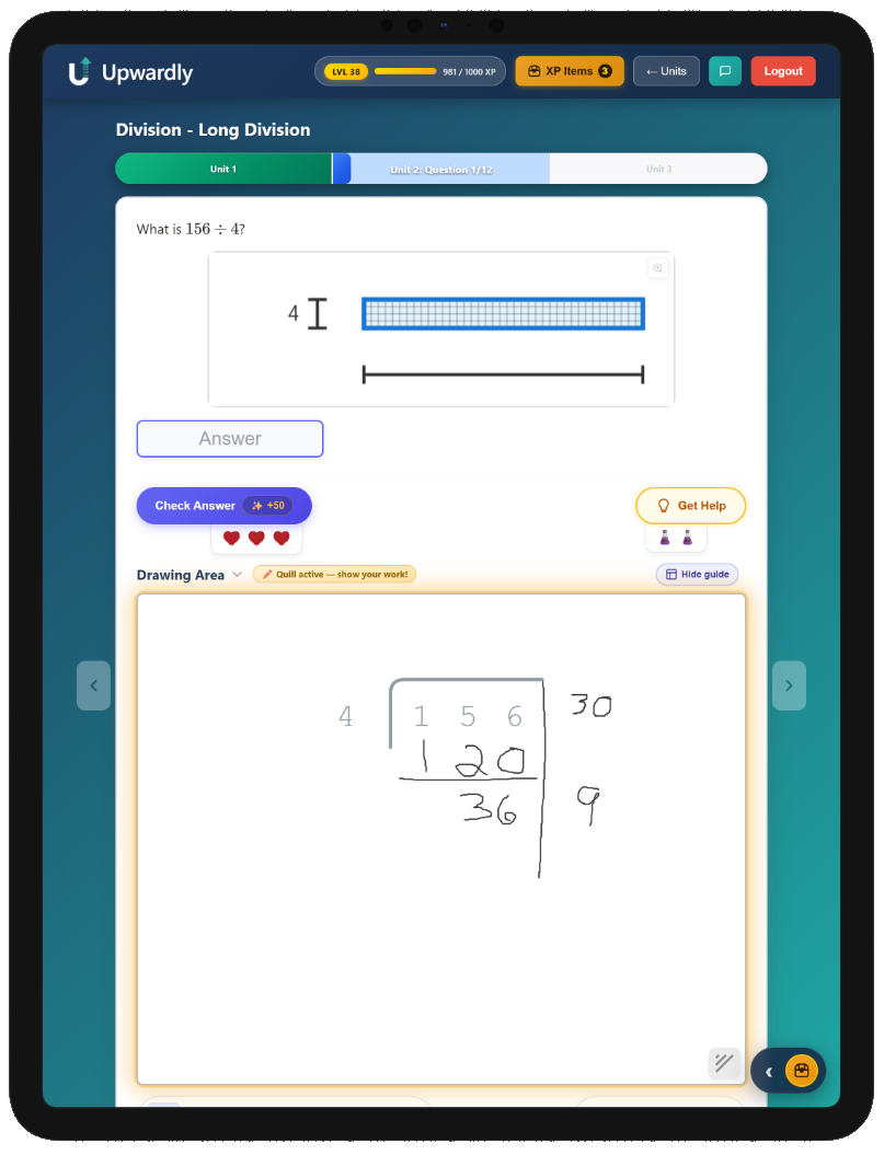 A student showing their work in the sketchpad with the Quill of Reasoning active